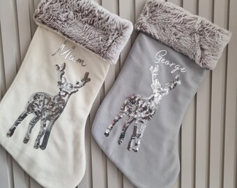 Christmas Stocking,personalised stocking, Sequin Reindeer Stocking, Plush Personalised Christmas Family pyjamas,christmas stocking grey