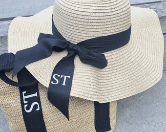 Fedora hat,Straw beach bag,personalised beach hat, straw hat, beach bag, personalised beach bag, beach tote bag, matching set, honeymoon hat