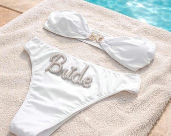Personalized Bride Bikini, Pearl Lettering, Honeymoon Swimwear