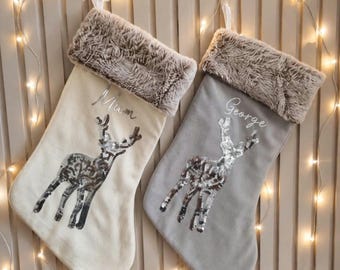 Personalized Christmas Stocking: Silver Sequin Reindeer, Handmade