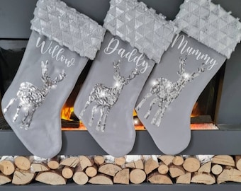 Personalised Grey Stocking, Luxury Unique Custom Sequin Reindeer Stocking, Plush Personalised Christmas Family Gift, Christmas Decor