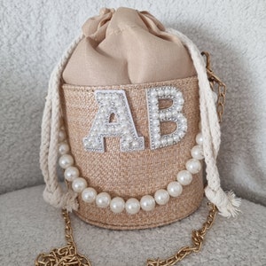 Mini straw bag/ mini tote bag/ beach bag/ personalised beach bag/ hen party bag/ bridesmaid  gift/ wife gift/ honeymoon bag/ pearl bag