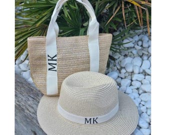 Personalized Straw Beach Bag & Fedora Hat Set, Custom Initials