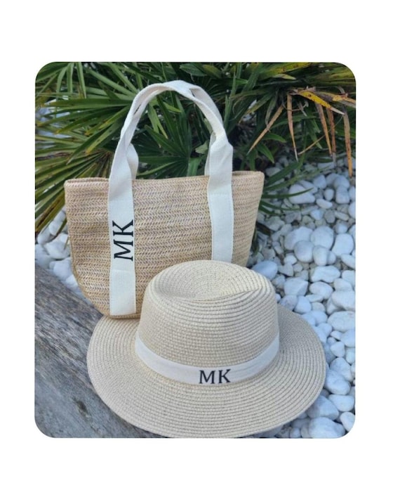 Personalized Straw Beach Bag & Fedora Hat Set, Custom 