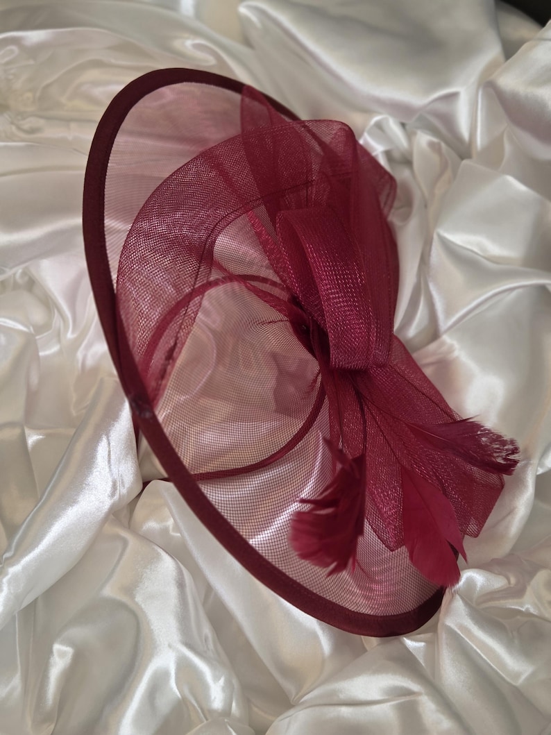 May include: A burgundy-colored formal hat with a wide brim and decorative bow. The hat features a mesh design and is adorned with feathers. The hat is likely for a special occasion.