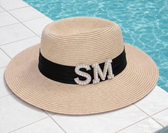 Personalised beach hat, fedora hat,personalised straw hat, hen party hat, honeymoon hat, beach hat, monogram hat, bride hat,pearl hat