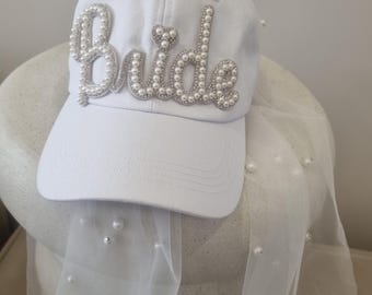 OOAK Handmade Bride Pearl Veil Baseball Cap Wedding Shower Bachelorette Gift This item is unavailable - Etsy main image 3