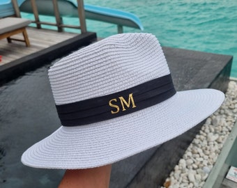 Personalised beach hat, fedora hat,personalised straw hat, hen party hat, honeymoon hat, beach hat, monogram hat, bride hat,pearl hat