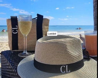 Bride bag,beach bag,personalised beach hat, fedora hat, personalised beach bag, beach tote bag, stocking filler, honeymoon hat, wife gift