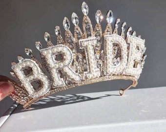 Bride headband Crown Tiara, Pearl Lettering,Bridal Headband,batchelorette crown tiara headband