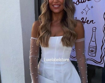 personalised Bridal Gloves sleeves,Pearl Bride Gloves for Wedding Tulle Customizable Wedding Sleeves Tulle Personalizable wedding sleeves