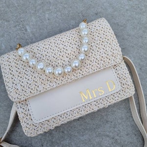 Personalised bride bag, pearl wedding bag, wedding bag, initial bag, hen party gift, bride bag, honeymoon bag, pearl handle bag