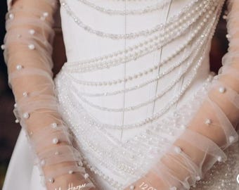 Personalized Pearl Bridal Sleeves: Tulle Wedding Gloves