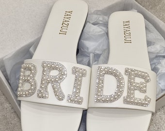 Personalised Bride shoes, Bridesmaid slippers, hen party sliders, personalised bride sandals,bride gift,wedding slippers,bride shoes