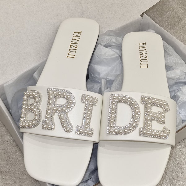 Personalised Bride shoes, Bridesmaid slippers, hen party sliders, personalised bride sandals,bride gift,wedding slippers,bride shoes