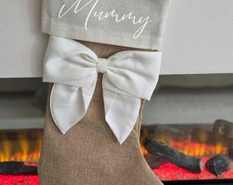 Personalized Jute Christmas Stocking: Cream Bow, Family Matching