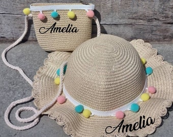 Girls straw hat, toddler beach hat, girls fedora hat, girls beach hat, beach bag and hat, girls beach bag, kids beach bag, toddler beach set