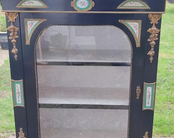 Victorian Ebonised Ormolu Cabinet With Sevres Style Painted Panels, Stunning