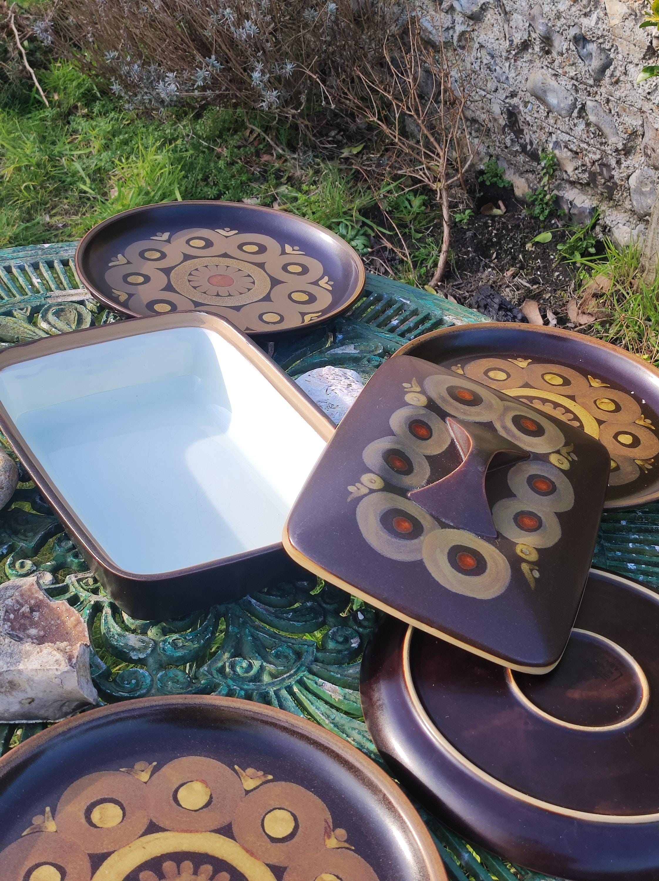 Denby Arabesque, Mid Century Tableware, Burnished beauty, 7 dinner plates, 4 side plates and 2 lidded tureens, Denby, loved for 200 years!