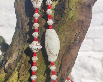 Neiger Brothers Necklace, Red And White, Pressed Glass Beads, Parrots
