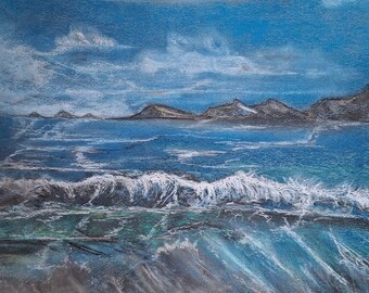 May include: A pastel drawing of a seascape with a blue sky and ocean. White clouds float above the horizon, where a series of dark gray mountains are visible. The ocean waves are breaking, creating white foam.
