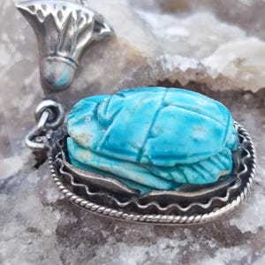 Art Deco Egyptian Revival  Silver Pendant featuring an ancient faience scarab with hieroglyphics