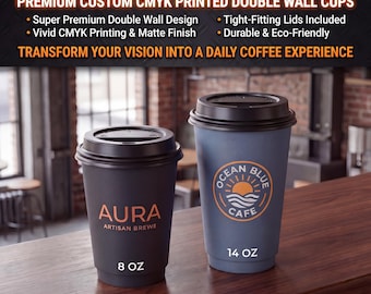 Vasos de café de doble pared con tapa y logotipo personalizado (237 ml, 414 ml) – Impresión CMYK vívida