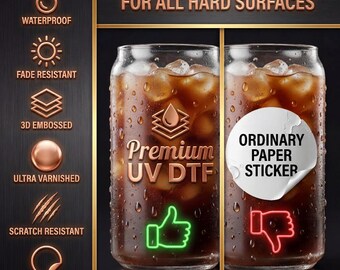 Lámina de transferencias UV DTF personalizadas: transferencias de textura 3D en relieve para superficies de vidrio de vasos.