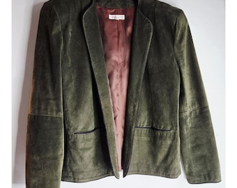 Vintage Womens Talbots Green Suede Collarless Open Front Blazer Jacket 10