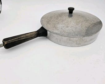 Vintage Cookware 10" Frying Pan Aluminum Lid Wooden Handle Rustic "S"