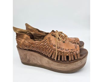 Womens Woven leather Platform Huarache Sandal Light Brown Wood Clog Shoe 8M