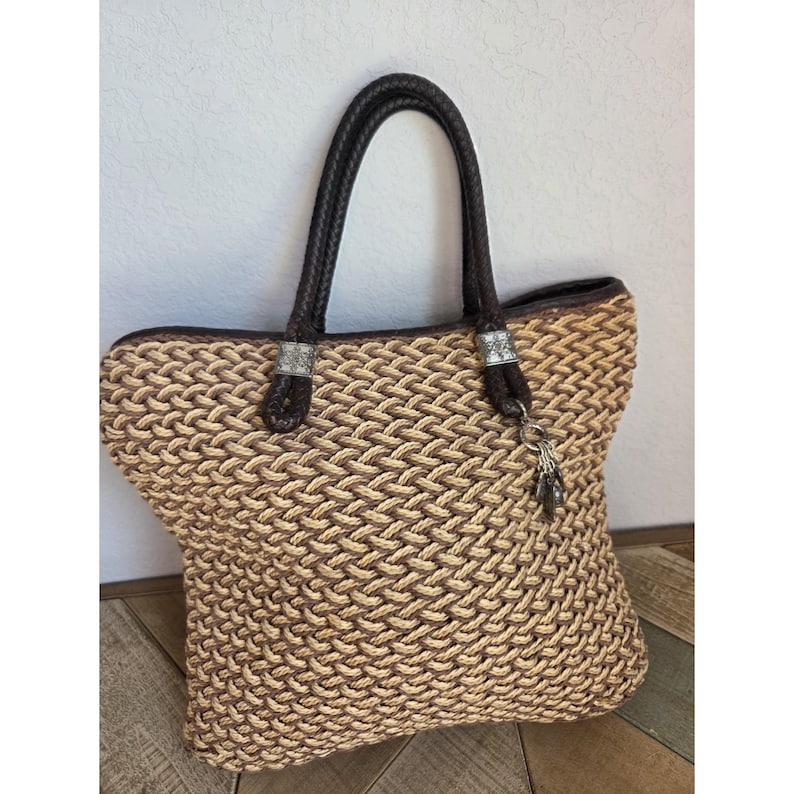 Brighton Woven TriColor Jute Straw Tote Bag Silver Charms Rita Paisley Lining image 3