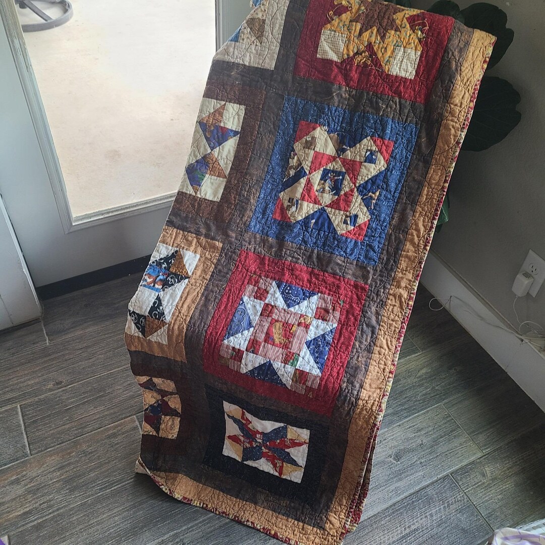 Handmade Quilt Throw Boy Red and Brown Cowboy Rodeo Print Western 62 ...