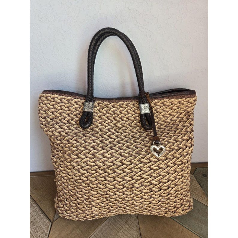 Brighton Woven TriColor Jute Straw Tote Bag Silver Charms Rita Paisley Lining image 1