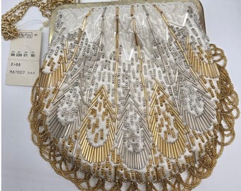 VNTG La Regale Beaded Gold White Clutch Bag Clutch Purse Shoulder Evening Formal