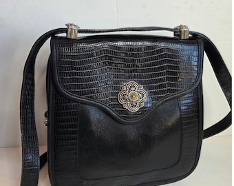Vintage Brighton Womens Leather Croc Black Bag Purse Heavy Shoulder 751924