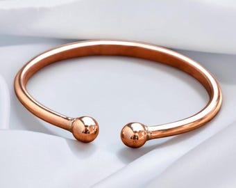 Solid Pure Copper Cuff Bangle, Minimalist Ball Bracelet, Adjustable Stacking Jewelry