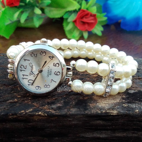 Montre-bracelet de perles - Montre-bracelet de perles d'eau douce blanches avec pierres précieuses en acier inoxydable - Bracelet montre Stratch, cadeau d'amour pour elle