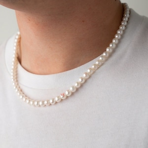 RYLIE 8mm Mens Pearl Necklace, Real Freshwater Pearl Necklace Men, White Round Pearls, Chunky Pearl Necklace, Gift for Him, Gift for Men