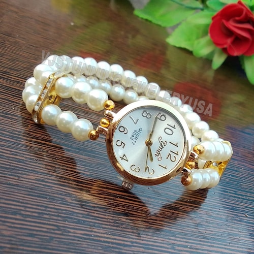 Sku0312 Retro‎ Gold White Pearl Gemstones Women Casual Watch Bracelet + gift bag Gold Watch Mother-of-Pearl & Pearl Bracelet Gift Set - FIYTA main image 4