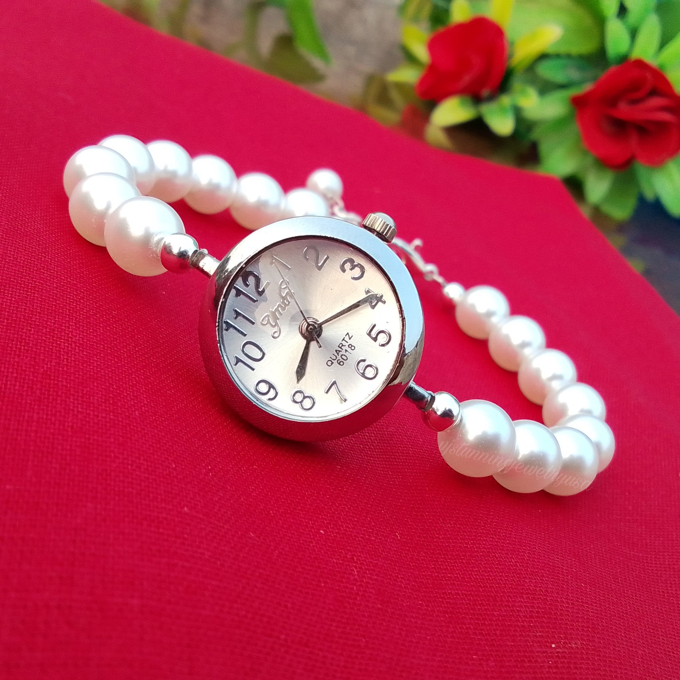 Sku:0170 cute silver mini watch bracelet with white‎ pearls + in a gift box White Freshwater Pearl Bracelet Watch - Beaded Women main image 4