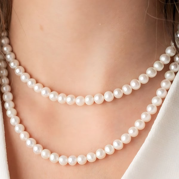 Collier de perles de culture CAMILLE 6 mm pour femme, collier de vraies perles d'eau douce, perles rondes blanches naturelles, collier de mariage, cadeau pour maman