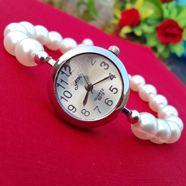 Beaded Bracelet Watch - White Freshwater Pearl Bracelet Watch in Stainless Steel - Women's Watch Women's  Love Gift For Her