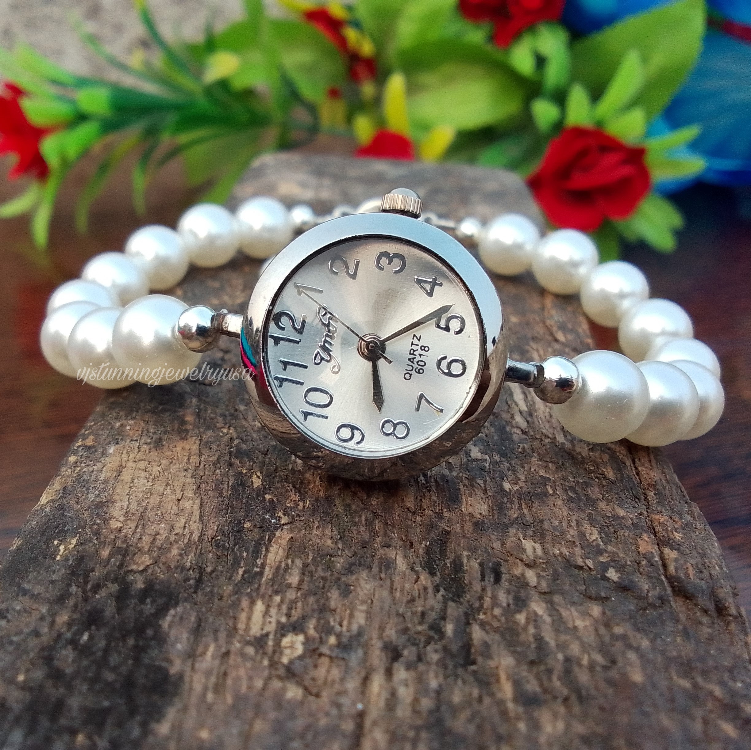 White Pearl Beaded Bracelet Watch - Stainless Steel Women