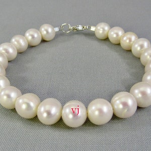 White Freshwater Pearl Bracelet, Genuine Pearl Jewelry, 8 mm Large Bead Bracelet, Sterling Silver Clasp, June Birthstone, Wedding Jewelry