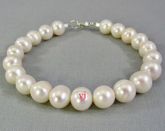 White Freshwater Pearl Bracelet, Genuine Pearl Jewelry, 8 mm Large Bead Bracelet, Sterling Silver Clasp, June Birthstone, Wedding Jewelry