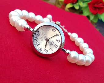 Unique Pearl Beaded Bracelet Watch | Stainless Steel Ladies Watch | Handmade Jewelry Gift