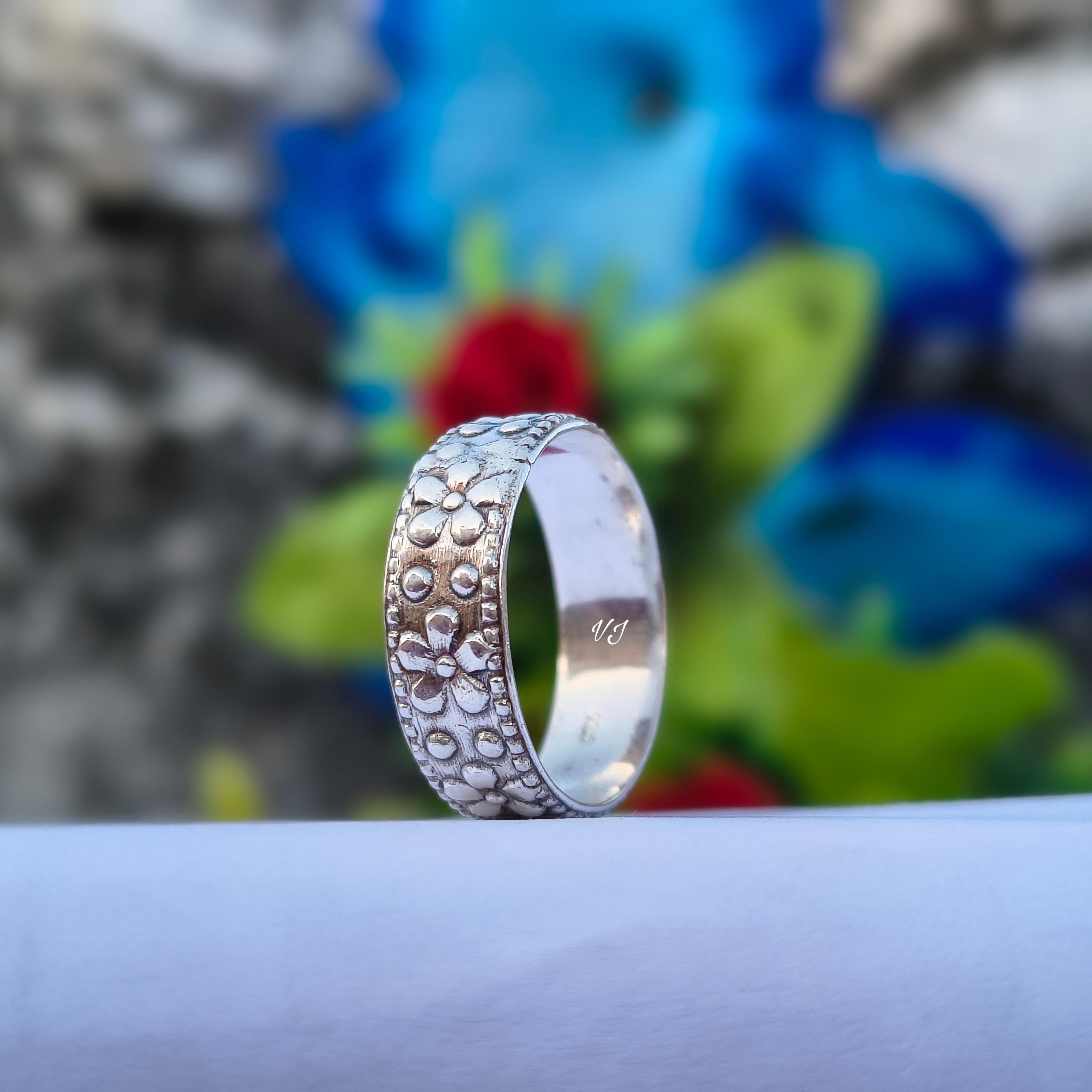 Sterling Silver Floral Band Handmade Flower Pattern Ring Vintage ...