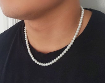 Mens 8mm Pearl Necklace, Mens Pearl Necklace Acrylic Pearls, Stainless steel, boyfriend gifts