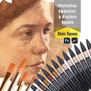 May include: A set of Photoshop brushes and swatches for skin tones. The image shows a close-up of a person's face with a variety of skin tones. The brushes and swatches are arranged in a row below the image. The text "Photoshop Swatches & Brushes Bundle" and "Skin Tones" is visible in the image.